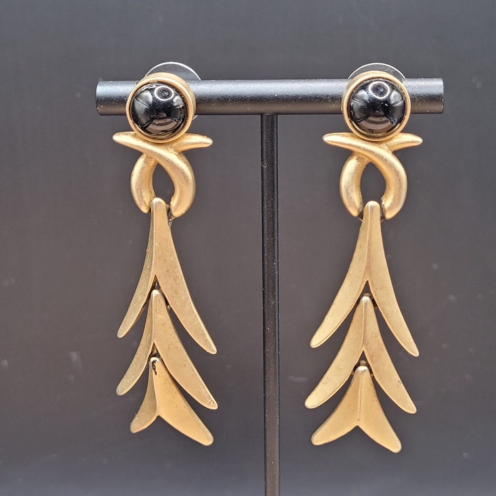 Vintage Signed Erwin Pearl MCM Abstract Brushed Gold Tone Dangle Earrings
